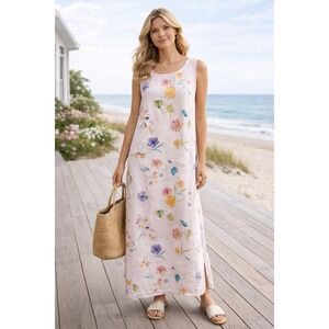 Vtg Hot Cotton Dress Women M Floral Linen Beachy Coastal USA Made